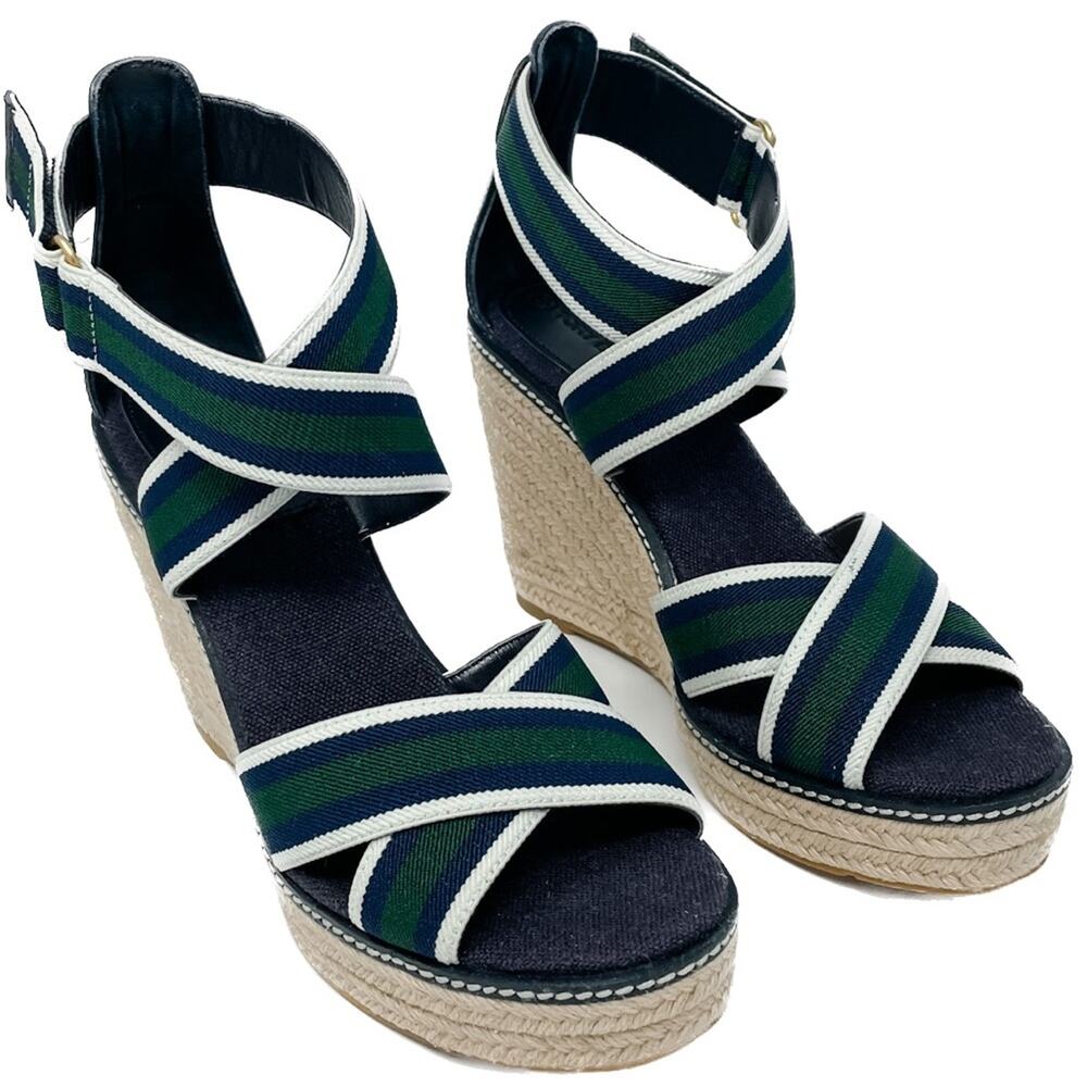 Tory Burch Frieda Green Navy White Stripe Canvas Leather Espadrilles size 9.5 - Picture 9 of 13